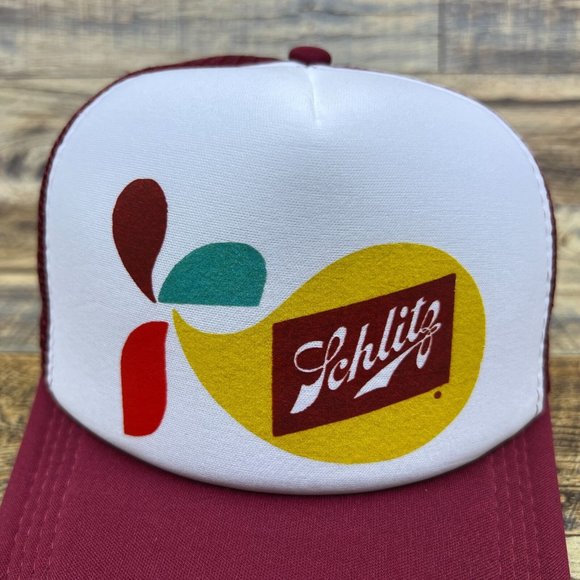 Defunct Schlitz Beer Mens Trucker Hat Maroon Snapback Vintage Logo 1960s Cap - Picture 3 of 8